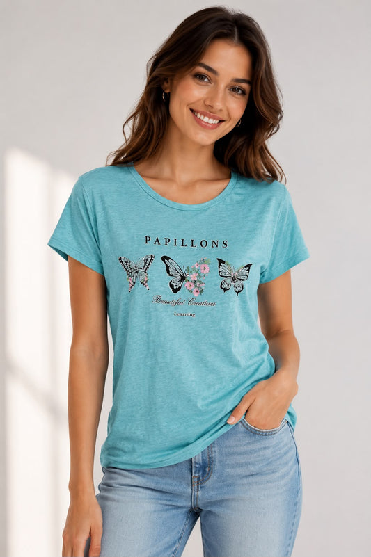Tricou damă ”Papillons” - Turcoaz